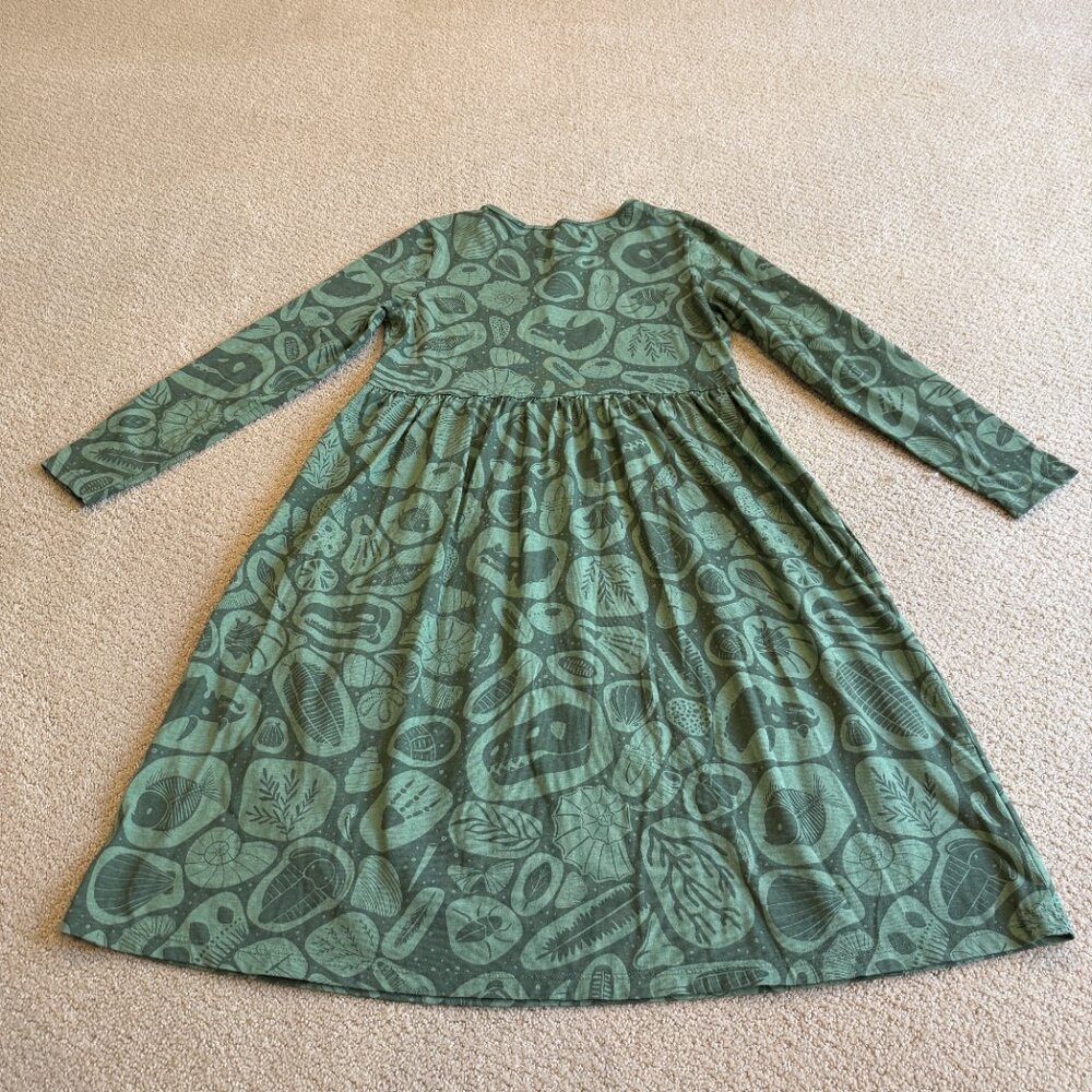 Winter Water Factory Dress Copenhagen Green Fossil Print LS Organic Cotton XS - Picture 15 of 16